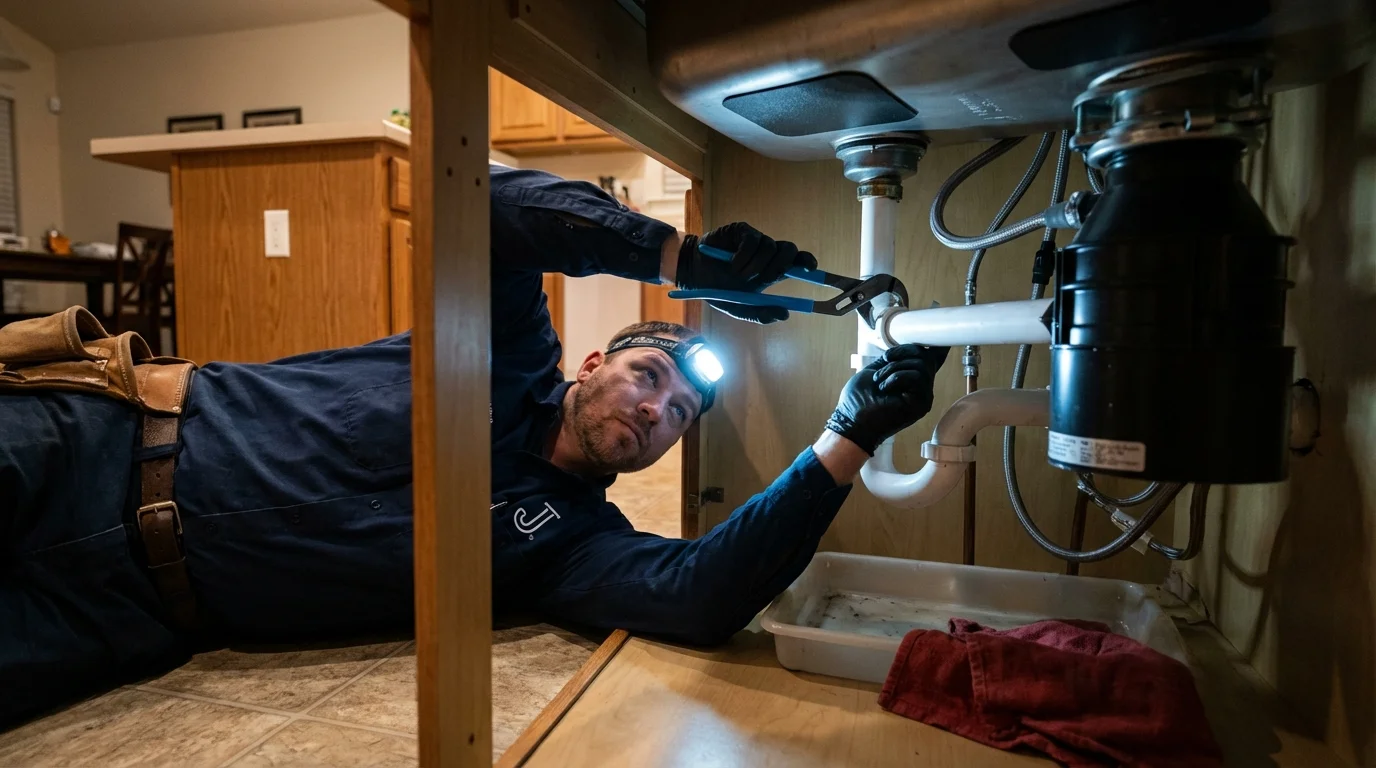 P-trap and supply line connections under a kitchen sink showing a common leak point in Monticello, KY